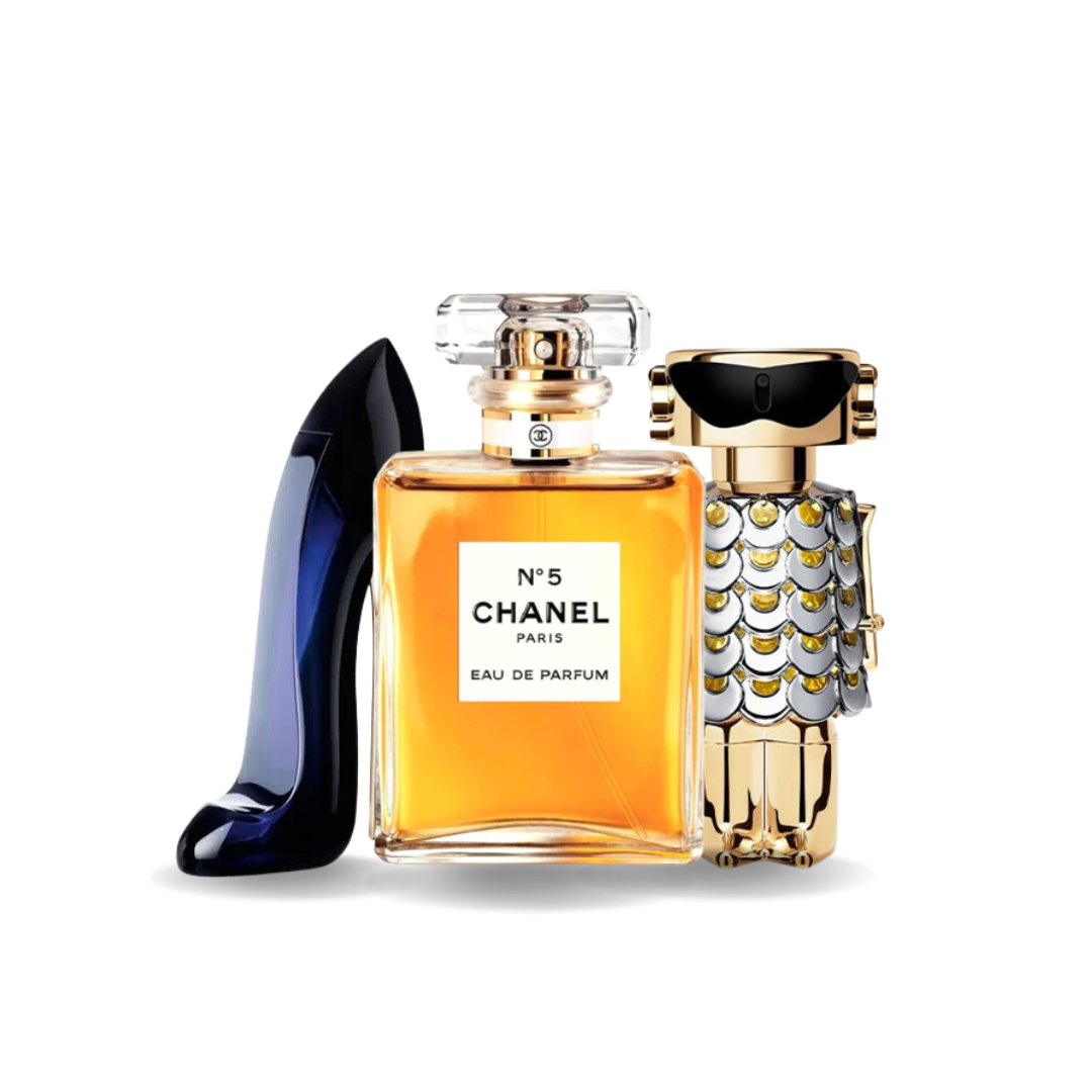 Pecho 3 Perfumes: Carolina Herrera GOOD GIRL, Chanel Nº5 e Paco Rabanne FAME